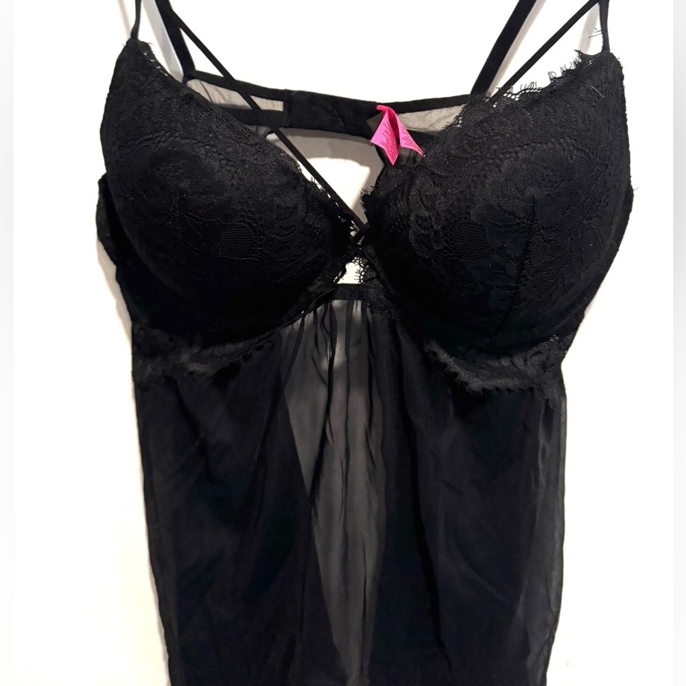 La Senza lingerie baby doll sheer flowy lace black push up romantic evening XL